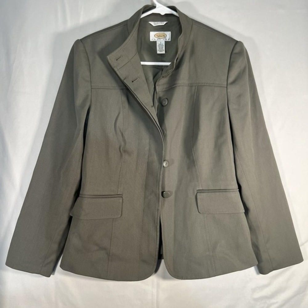 Talbots Size 2P Green Hidden Button‎ Jacket Mandarin Collar Wool Blend Women